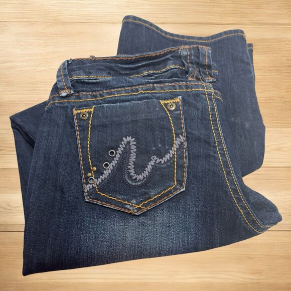 Slim Boot Low Rise Jeans Dark Wash Women 11/12R Thick Stitch Studs Whiskers Fade - Picture 11 of 16